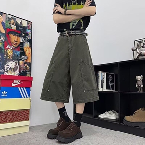 夏季铆钉七分工装裤男女情侣设计阔腿裤过膝牛仔中裤 Q101-P58图片