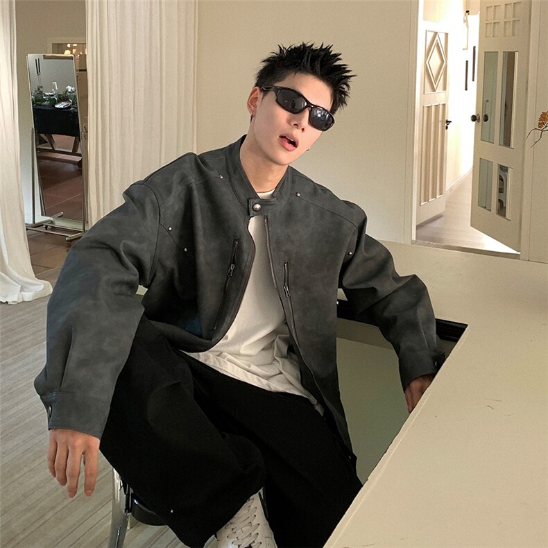 美式复古棕色麂皮绒皮衣外套男短款设计感小众夹克潮JK854-P78，男装皮衣，星座1001-1