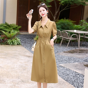 欧洲站2025年夏季新款女配腰带纯色衬衫领短袖气质显瘦时尚连衣裙图片