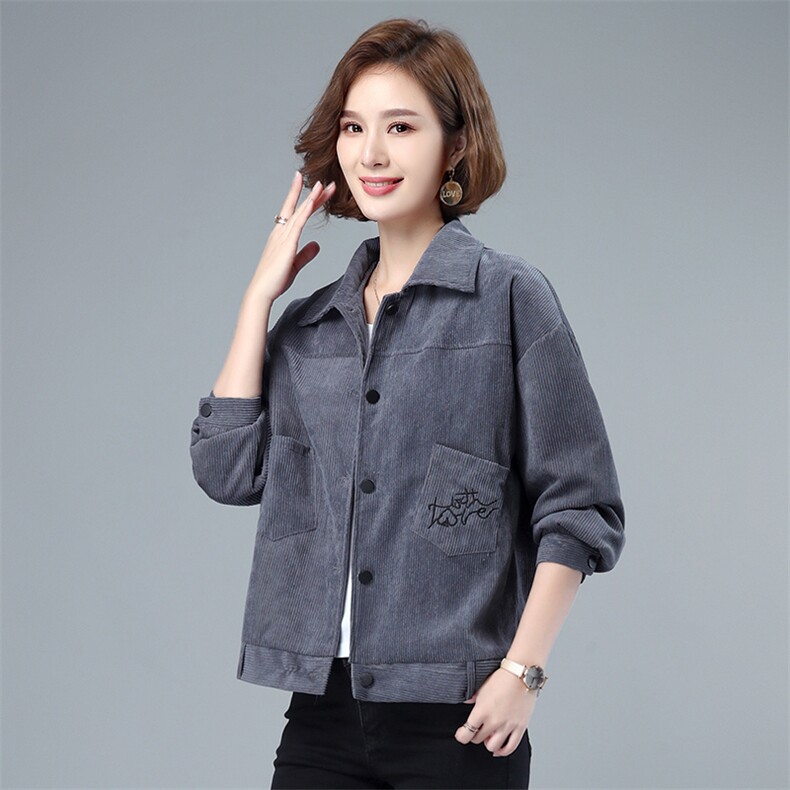 灯芯绒短外套女2021秋冬新款加厚单排扣翻领长袖纯色上衣通勤，女装短外套，伊满意