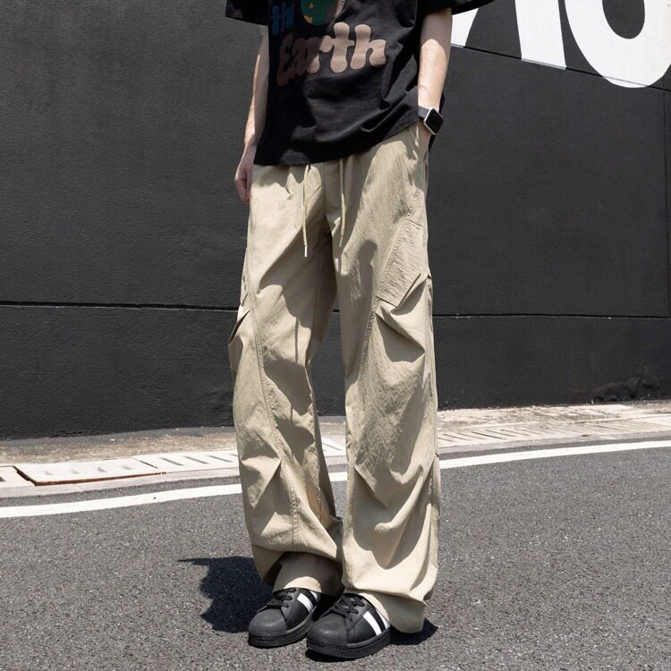 美式褶皱薄款裤子男夏季冰丝速干伞兵工装裤直筒宽松阔腿休闲长裤,男装工装外套,星座506A