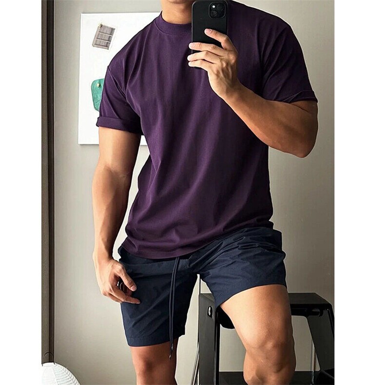 紫色短袖t恤男生夏季重磅运动休闲潮牌宽松圆领五分半袖衣服,男装T恤,电商D328