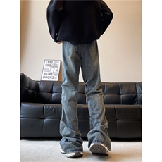 美式复古设计感褶皱牛仔裤男宽松微喇叭vibe显瘦高街痞帅嘻哈裤子，男装牛仔裤，星座410-6（原星座1304-1）