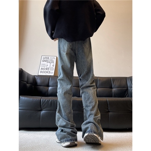 美式复古设计感褶皱牛仔裤男宽松微喇叭vibe显瘦高街痞帅嘻哈裤子图片