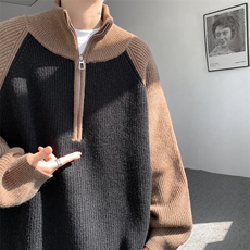 8XL-M撞色半拉链毛衣宽松慵懒风插肩袖大码针织衫外套MY1513/P75，男装针织衫/毛衣，电商B238