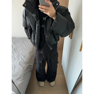 现货5W件冬季三防重磅硬挺boxy短款羽绒立领PU皮棉衣外套加厚棉服图片