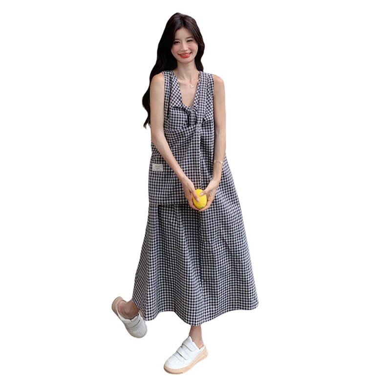 正反两穿黑白格子无袖连衣裙女2025夏季新款法式复古宽松背心裙潮,女装连衣裙,2C085