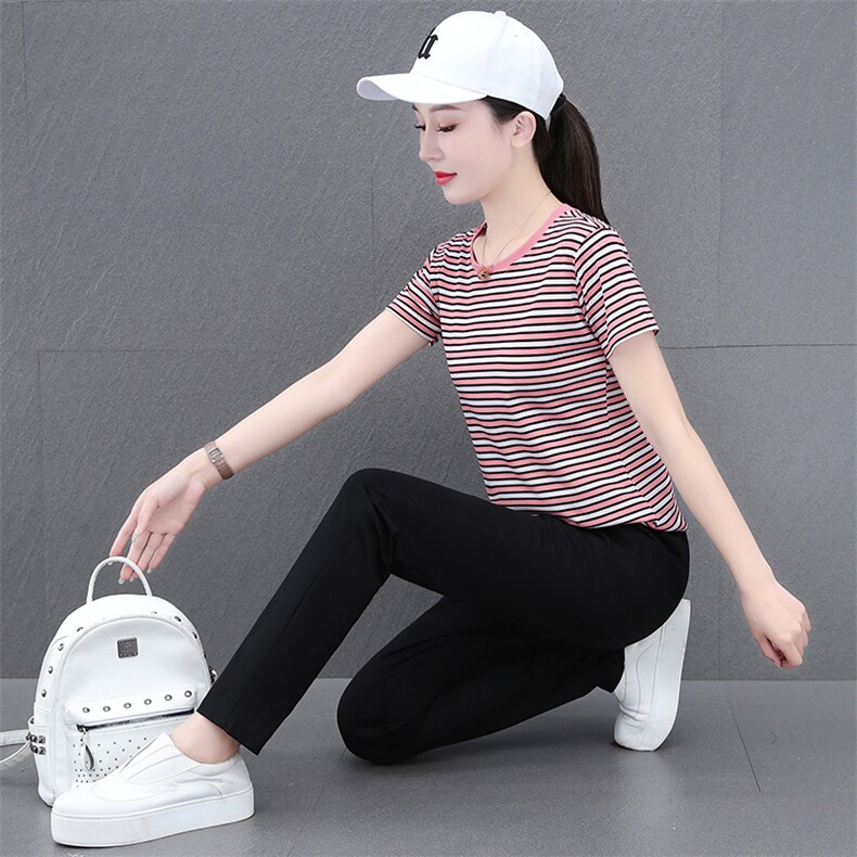燕颉条纹运动套装女夏天2023新款时尚洋气短袖薄款休闲服两件套,女装套装/套裙,燕颉服饰
