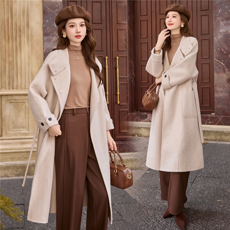 现货2025手工缝制冬季保暖新款时尚休闲舒适气质中长款羊毛大衣，女装双面呢大衣，时尚俏佳人