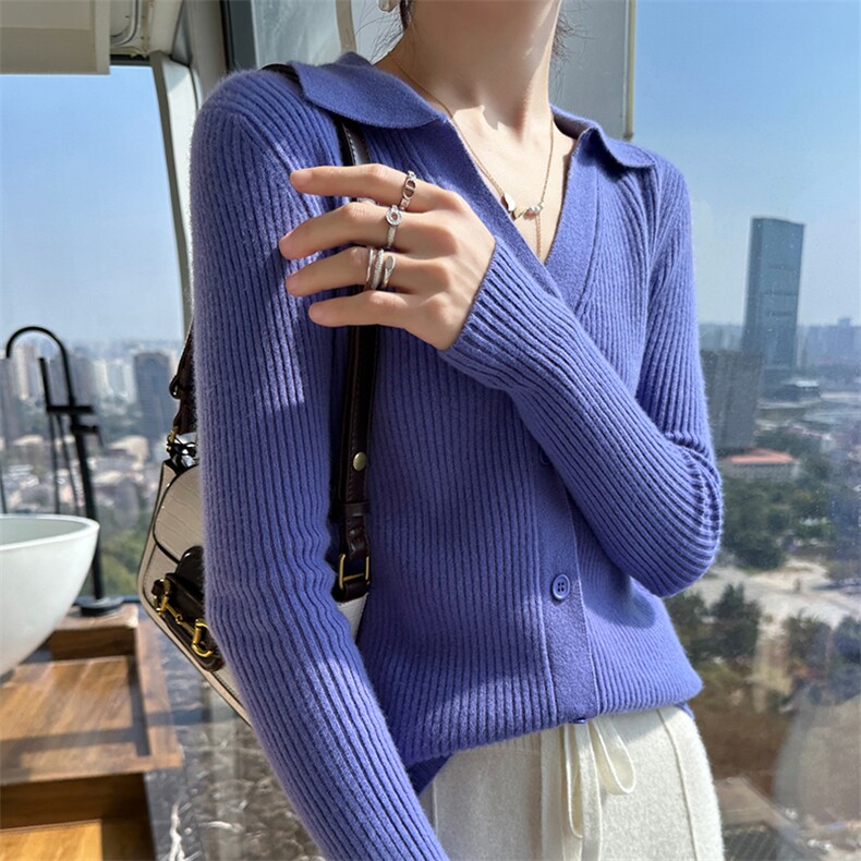 秋冬新款100%羊毛开衫女翻领坑条纯色针织外套毛衣修身羊绒衫上衣,女装羊毛衫,秋双羊绒