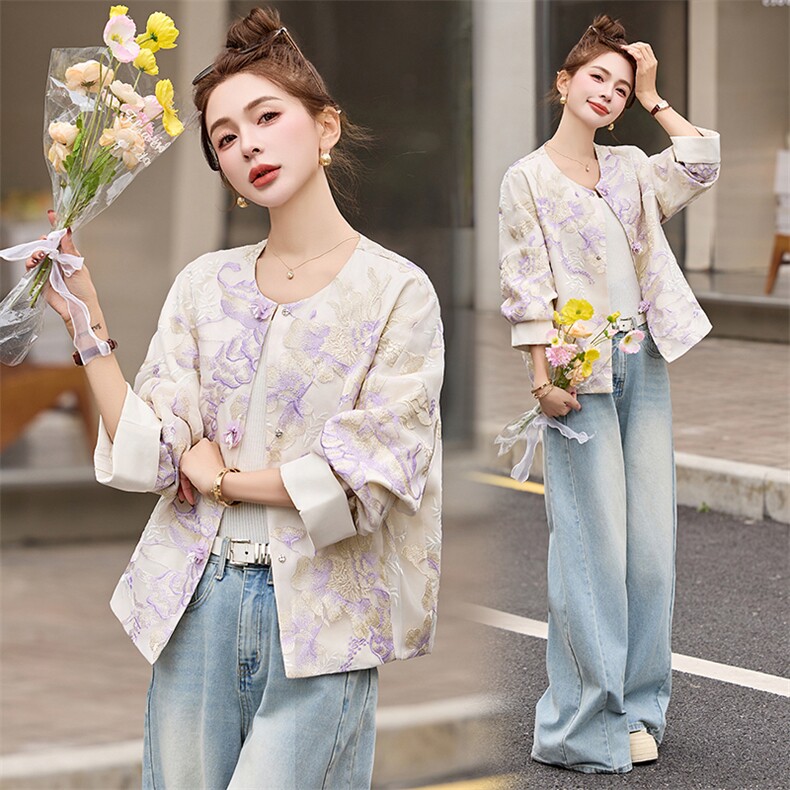 2025春夏季新款紫色重工刺绣提花蕾丝防晒衣新中式国风短款外套女,女装短外套,伊仟回
