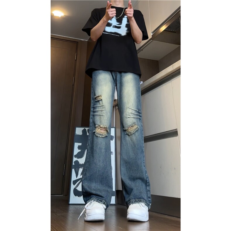 夏季新款美式高街vibe破洞磨毛微喇牛仔裤B315-K24191-p60控78图片
