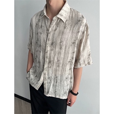 XZ1005-1-TTH100-P48新中式风短袖衬高级感衫翻领纽扣衬衣外套，男装衬衫，星座1005-1