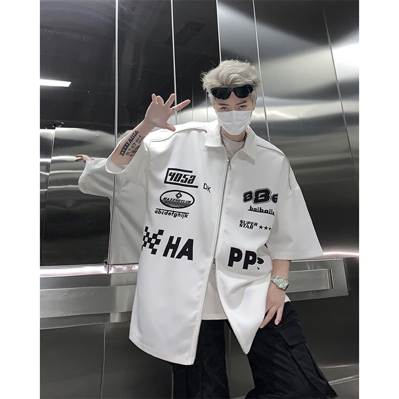 405A高街美式设计感拉链装饰印花衬衫短袖T恤CS03-P45控68,男装T恤,星座405A