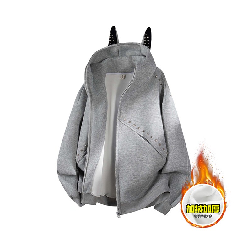 480G重磅加绒硬挺boxy男女美式高街卫衣铆钉杜宾犬耳朵开衫厚外套，女装短外套，电商A486-1