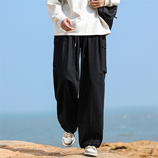 B225-海边-K2174-P63-X79--纯色口袋复古阔腿裤--全棉，男装休闲裤，电商B225