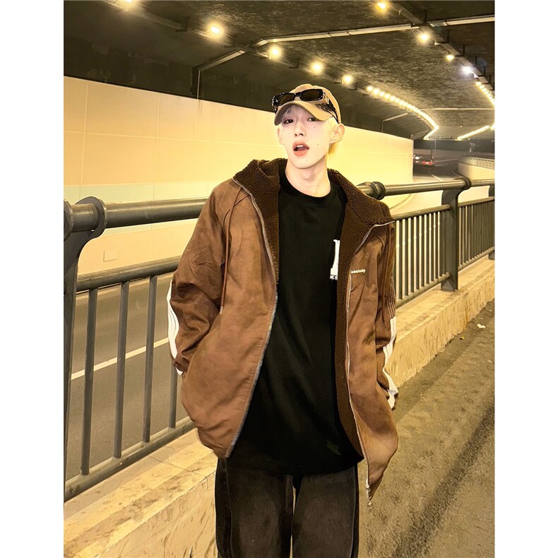 美拉德羊羔绒连帽皮衣棉服男冬季加绒加厚三条杠棉衣M02/P118,男装皮衣,星座206（原A221）