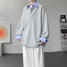 M-8XL假两件撞色polo衬衫翻领卫衣亨利领大码长袖上衣WY5117特P45，男装衬衫，电商B238