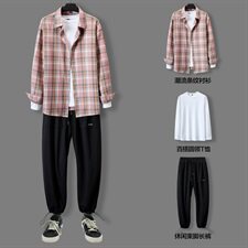 男春秋季韩版潮流衬衫一套搭配衣服帅气套装休闲三件套DF163T，男装衬衫，电商A102