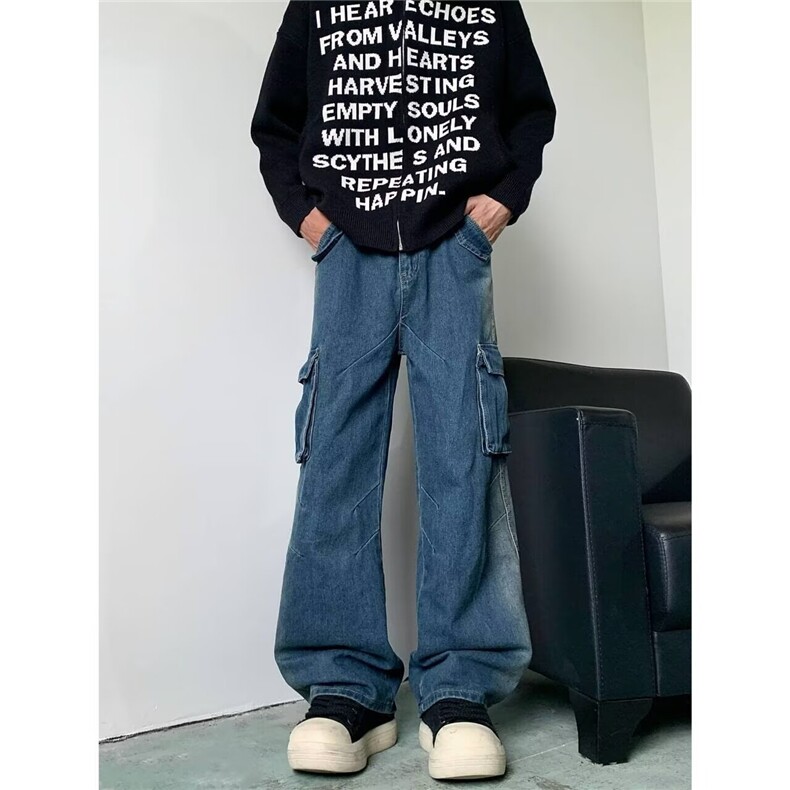 得物品质秋款男牛仔裤工装大口袋渐变色刀割宽松长裤NK7676P60,男装牛仔裤,星座1013-1