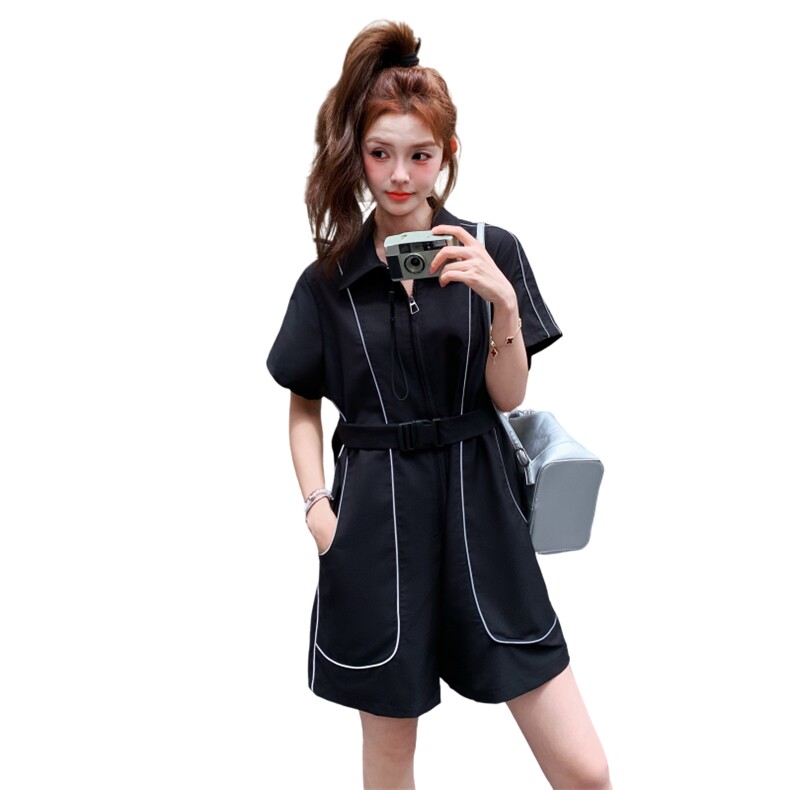 运动风时尚黑色连体裤女夏2025年新款超火巨好看休闲减龄阔腿短裤,女装连体裤,2C325