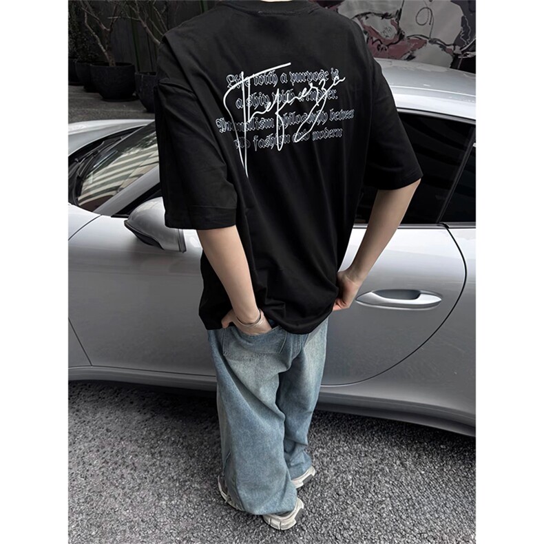 抖音得物供货210克现货宽松纯棉美式潮牌印花落肩袖纯棉T恤AT2172，男装T恤，电商A443