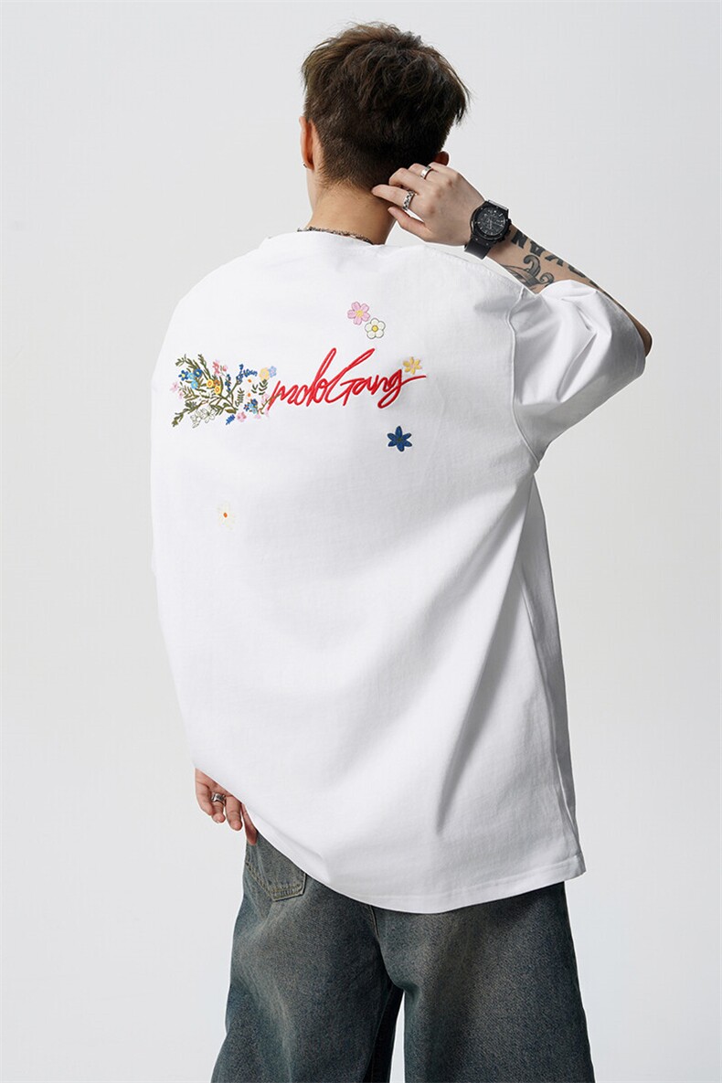 8XL-M高品质纯棉花卉刺绣短袖T恤男女款美式宽松凉感防晒TDX335,男装T恤,电商D206-1