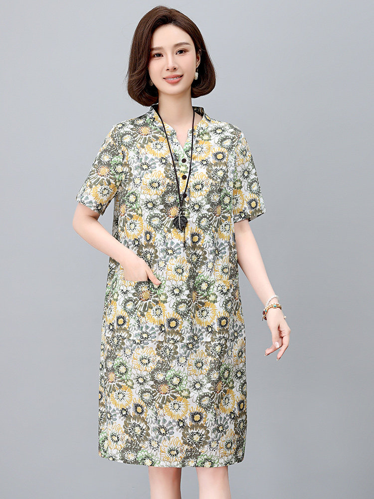 碎花连衣裙2025新款夏季纯棉超火宽松显瘦直筒裙中年妈妈休闲裙子,女装连衣裙,依恋蒂丝