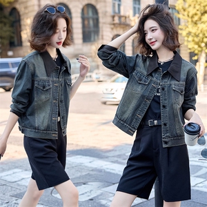 现货2025年女秋季新款气质时尚拼接翻领牛仔外套图片