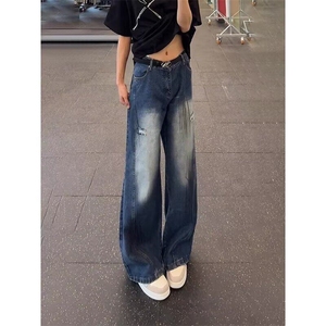 【有货】DBK3058-批50美式复古做旧裂纹夏季高腰宽松显瘦阔腿裤图片