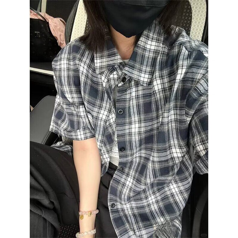 潮流格子短袖衬衫男女款夏季炸街穿搭宽松百搭潮流学生外套青少年图片