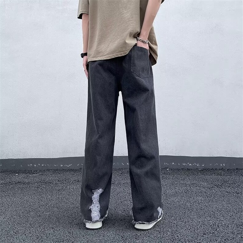 破洞毛边直筒牛仔裤男女2023新款复古高街潮牌阔腿裤N07206-P43,男装牛仔裤,星座308B-2