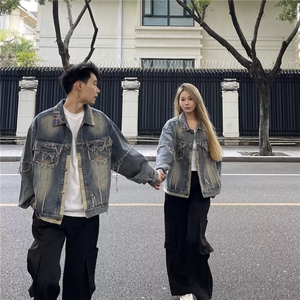 美式高街做旧设计感拼接毛边牛仔夹克春秋季宽松小众潮牌情侣外套图片