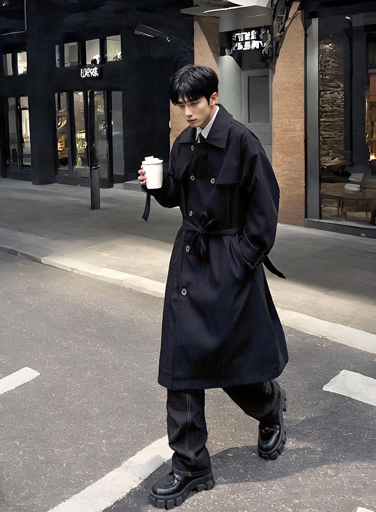 韩系风衣宽松潮流复古过膝尼大衣风衣中长外套,男装风衣,星座112A