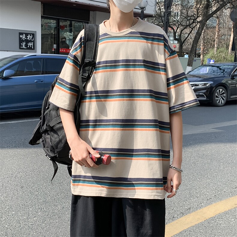 TT30男士休闲彩条男装圆领夏季T恤衫打底衫半袖TEE恤男装文艺学生图片