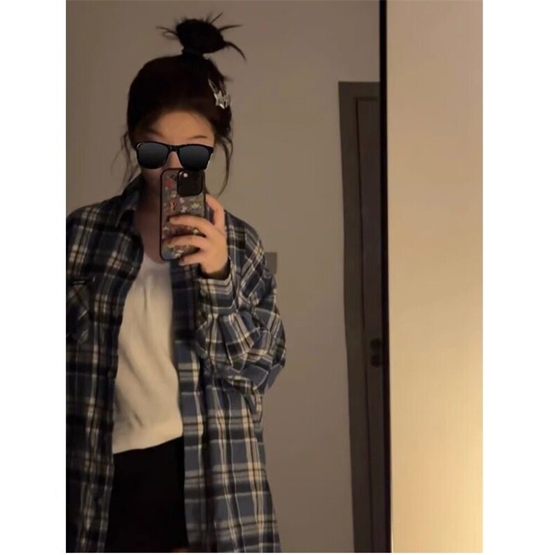 春秋季蓝色毛边长袖格纹宽松衬衫男女美式复古上衣休闲百搭外套潮,男装衬衫,星座506A