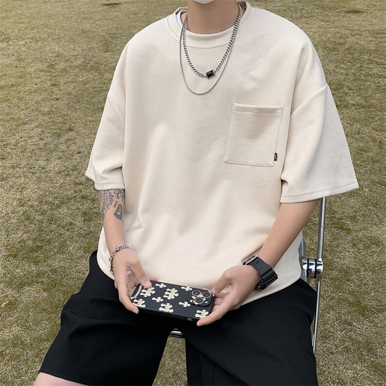 黑色短袖2024新款男夏季薄款透气5分体恤重磅口袋宽松休闲t恤,男装T恤,星座1013