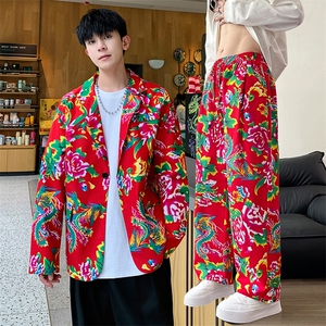 XF02男秋港风文艺休闲大码西服套装西装东北大花民族风特色新中式图片