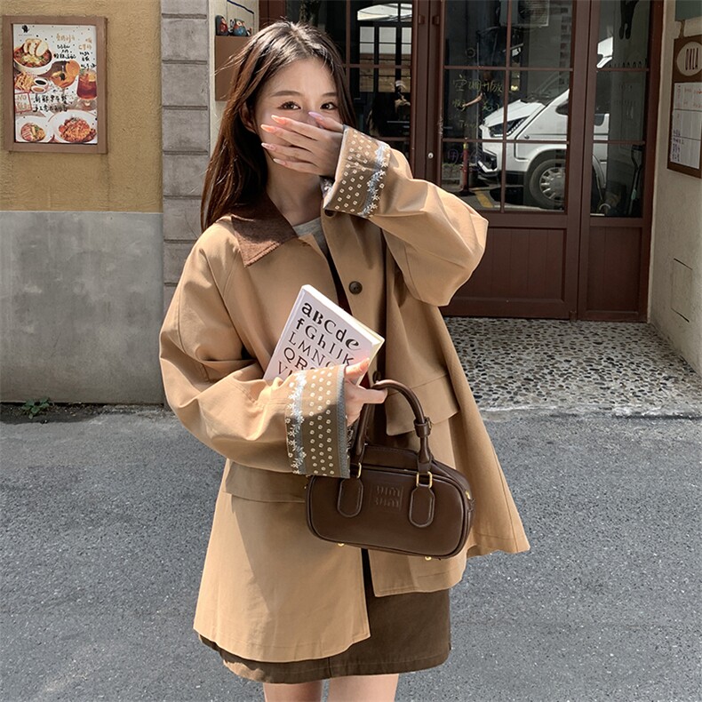 格子PU皮翻领拼接风衣外套女2025新款小个子今年流行休闲大衣,女装风衣,蝶眷