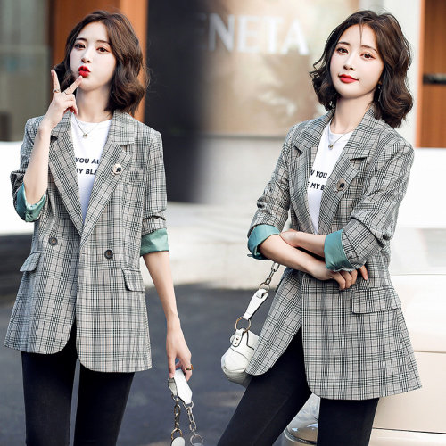 2021秋季时尚简约大方气质优雅收腰显瘦西装格子外套，女装西装，一安秀