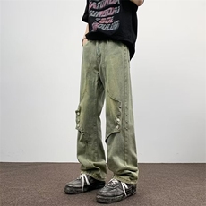 美式复古解构排扣裤子高街潮牌黄泥牛仔裤男微喇裤G616-P50，男装牛仔裤，星座1001-1