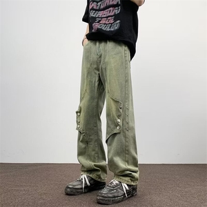 美式复古解构排扣裤子高街潮牌黄泥牛仔裤男微喇裤 G616-P50图片