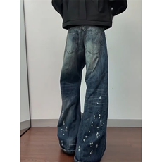 美式复古泼墨脏染弯刀牛仔裤男女宽松阔腿直筒裤S1192P50，男装牛仔裤，星座1112-1