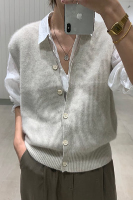 羊绒背心马甲针织开衫女v领宽松日系秋季叠穿羊毛坎肩马夹外搭,女装马甲,洁纯羊绒