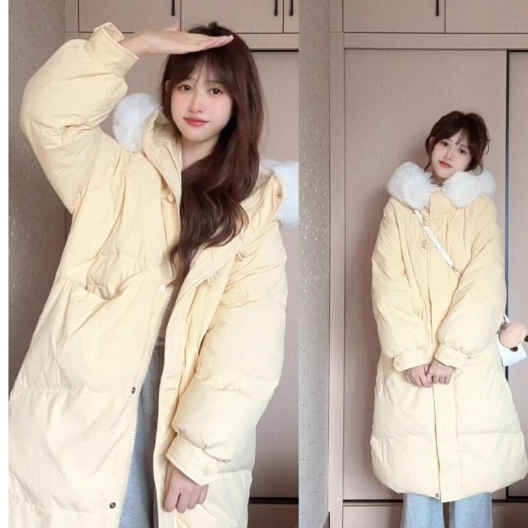 韩系穿搭甜美中长款毛领连帽棉服棉袄女新款冬季宽松保暖夹棉外套图片