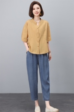 时尚休闲套装女夏2025新款中年妈妈宽松减龄短袖衬衫牛仔裤两件套，女装套装/套裙，悦见她