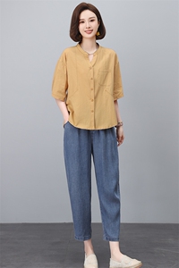 时尚休闲套装女夏2025新款中年妈妈宽松减龄短袖衬衫牛仔裤两件套图片
