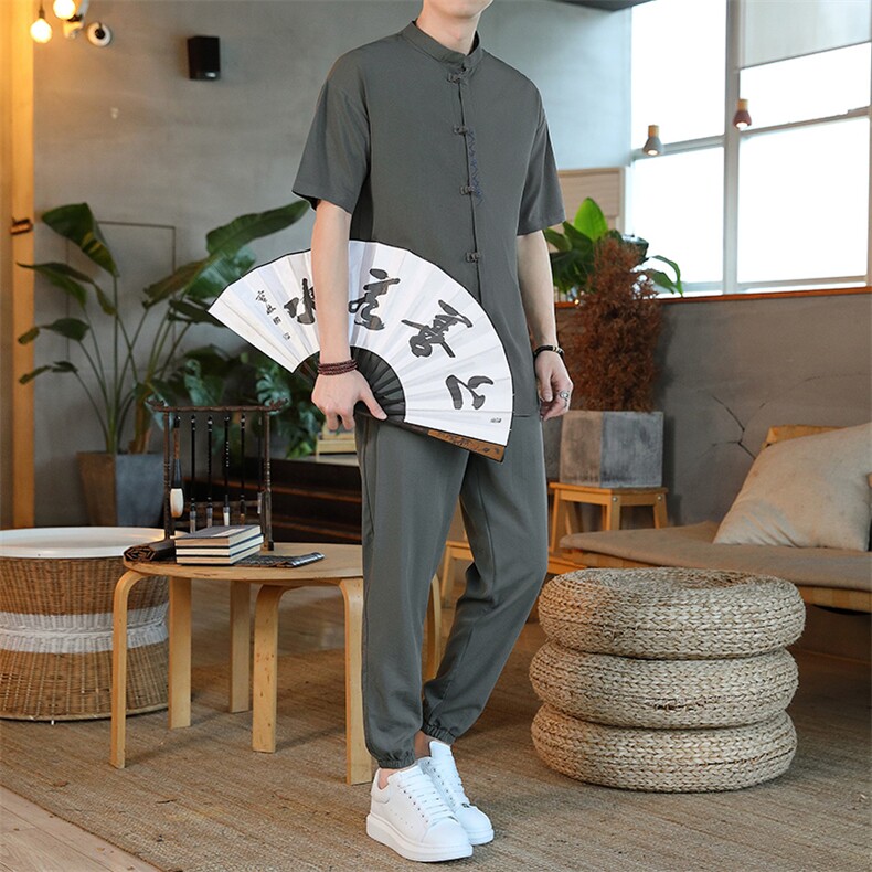 夏季新款风短袖休闲宽松套装民族风长裤唐装ZT2305-P78,男装T恤,星座1105-3