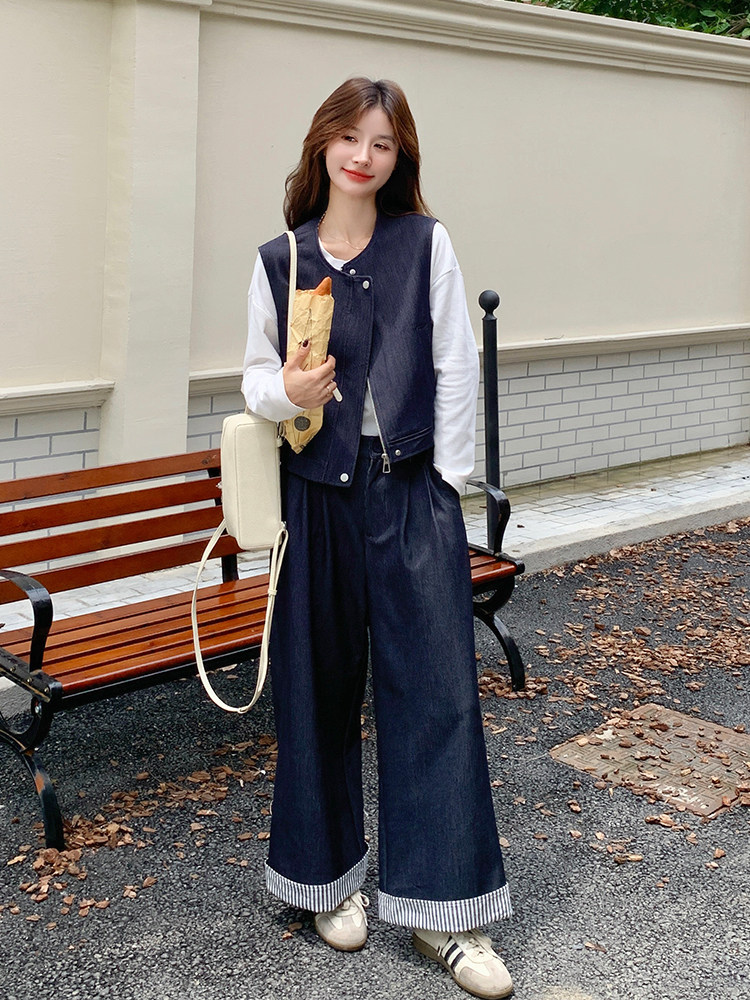 韩系松弛感套装女2025年秋季新款复古设计感马甲休闲阔腿裤两件套,女装运动套装,浙宝285（原212）