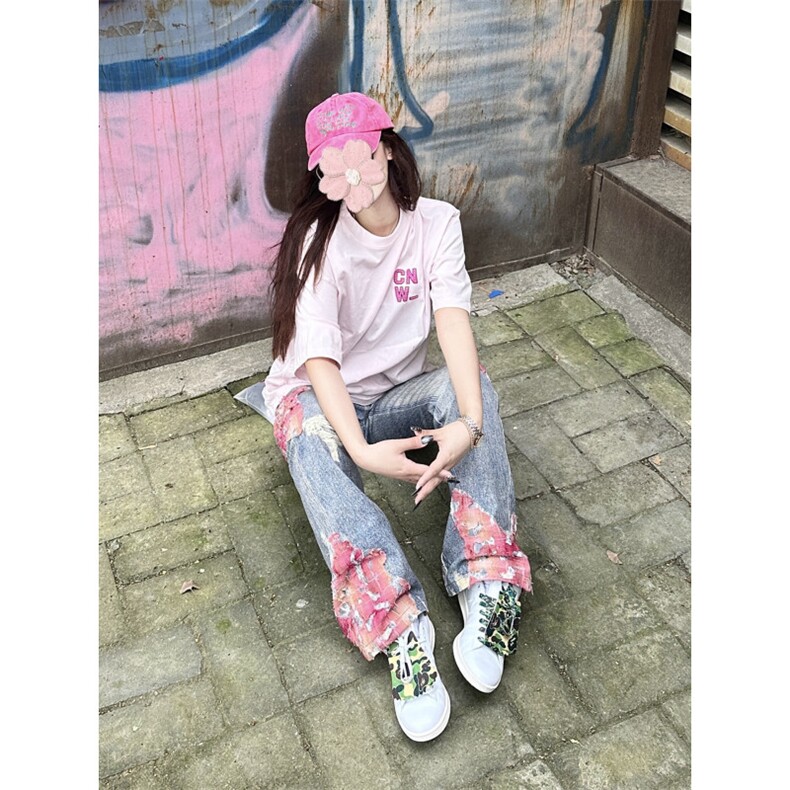 【网图】晚霞蕾丝拼接牛仔裤潮牌美式高街微喇裤子N0077CC-特P55,男装牛仔裤,星座1007（原301D）